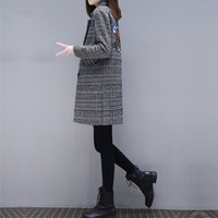 沫欣 2018冬季新品女装毛呢大衣中长款韩版刺绣千鸟格毛呢外套 zx5344-8198MX 格子 S
