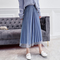 AUDDE 2019春季新款女装新品半身裙女韩版高腰钉珠长裙秋冬港味百褶网纱裙 cchJXY123 蓝色 均码