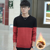 吉普盾 加绒毛衣韩版时尚圆领修身毛衣男 酒红 L
