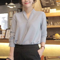 朗悦女装 长袖衬衫女2019春季新款韩版宽松衬衣V领雪纺衫 LWCC187130T 灰蓝色 L