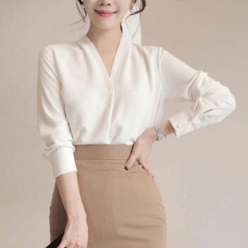 LAXJOY 朗悦 长袖衬衫女新款韩版宽松衬衣V领雪纺衫 LWCC187130T