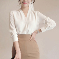 LAXJOY 朗悦 长袖衬衫女新款韩版宽松衬衣V领雪纺衫 LWCC187130T