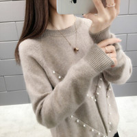 堡晟 2019春季女装新品针织衫韩版圆领套头纯色时尚宽松舒适毛衣外套潮 MMHS8868 卡其色 均码