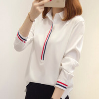 朗悦女装 2019春季新款韩版长袖衬衫简约纯色套头打底衫LWCC181525T 白色 S