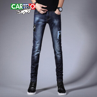卡帝乐鳄鱼（CARTELO）牛仔裤  男士时尚潮流休闲印花弹力牛仔长裤A329-363蓝色30