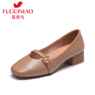 Fuguiniao 富贵鸟 粗跟女士单鞋方头复古时尚舒适套脚F853005C 杏色 36