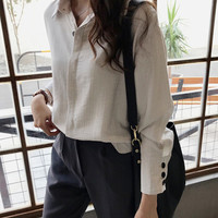 朗悦女装 2019春季新款纯色长袖衬衫女韩版休闲衬衣宽松学生打底衫LWCC191279 杏色 L