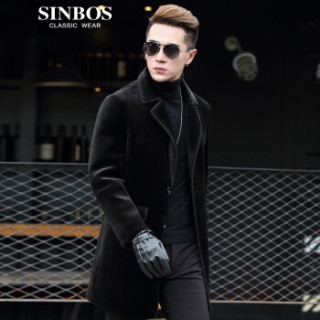 SINBOS 羊剪绒男士皮毛一体2018冬季新品羊绒大衣中长款海宁皮草外套 黑色 165