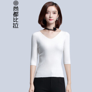 尚都比拉(Sentubila) 2019春季新款修身薄款V领针织衫女七分袖纯色打底毛衣 W73H0116531 白色 M