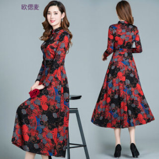 欧偲麦 冬季连衣裙新款加厚长袖裙子过膝冬裙2019春秋季新款韩版保暖 KED-H18C690 红花 5XL