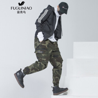 富贵鸟(FUGUINIAO)工装裤男2019春季潮牌束脚韩版潮流魔术贴休闲迷彩裤男 军绿 4XL