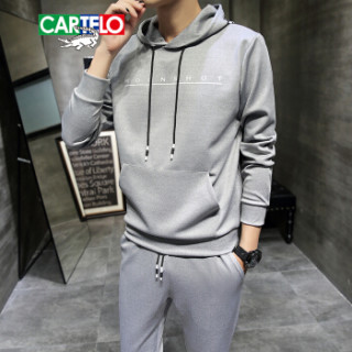 卡帝乐鳄鱼(CARTELO)卫衣套装男2019春季新款韩版时尚连帽运动两件套长袖套头衫 灰 L