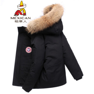 稻草人(MEXICAN)加拿大风羽绒服男冬季短款大鹅工装服大毛领加厚保暖外套 黑色 2XL