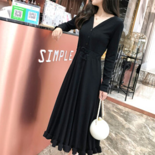 朗悦女装 2019春季新款韩版长袖连衣裙中长款针织裙V领气质打底裙LWQZ189115T 黑色 L