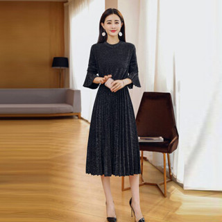 米兰茵（MILANYIN）女装 2019年春季X型拉链长袖荷叶袖圆领舒适修身纯色连衣裙 ML19049 黑色 XL