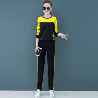 MAX WAY 女装 2019年春季新款韩版圆领印花休闲运动长袖条纹卫衣套装 MWYH051 亮黄+黑色 M
