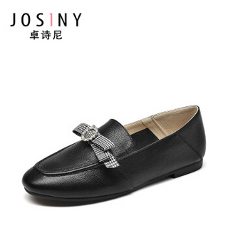 Josiny 卓诗尼 女低跟圆头深口中性韩版学院风蝴蝶结水钻乐福鞋 J111D913J681 黑色 36