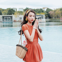 亦美珊 YI MEI SHAN 连体泳衣女性感小胸聚拢新款网红蕾丝短袖保守裙式温泉遮肚游泳衣 YMS188616 焦糖色 XL