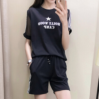 MAX WAY 女装 2019年春季网纱拼接星星时尚休闲运动套装休闲裤 MWYH012 黑色 XL