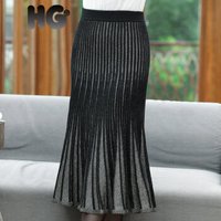 HG羊毛百褶针织裙女秋半身裙长款中年过膝宽松妈妈高腰毛线裙 黑色金丝 均码