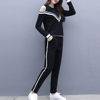 MAX WAY 女装 2019年春季新款时尚韩版宽松圆领露肩长袖卫衣两件套 MWYH089 黑色 XL