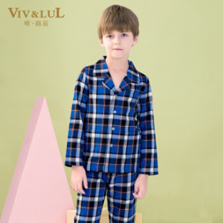 唯路易 VIV&LUL秋季新款儿童纯棉睡衣套中大童长袖睡衣套家居服套装V116223 蓝黑格 (091) 130 (130)