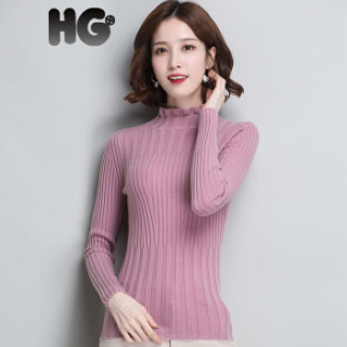 HG半高领毛衣女秋冬羊毛提花木耳边长款针织打底衫毛线衣 粉紫色 165/88A/L
