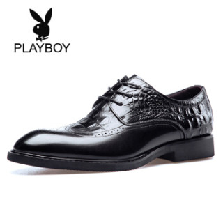 花花公子(PLAYBOY)男士皮鞋正装圆头牛皮英伦系带鞋子男9AW551136D 黑色 41