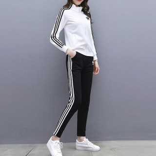 MAX WAY 女装 2019年春季新款韩版显瘦修身跑步卫衣拉链外套两件套 MWYH088 白色+黑裤 XL