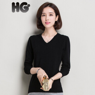 HG羊毛衫女套头V领毛衣秋冬韩版毛线衣薄款针织衫打底衫线衣 黑色 170/92A/XL