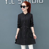 沫欣 2019年春季新品女装风衣女韩版纯色立领修身中长款长袖衬衣小衫 HZD21-858MX 黑色 M