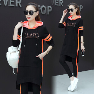 凡淑 2019春季新品女装欧洲站连帽刺绣休闲套装学生跑步时尚运动服潮卫衣 HZ6026-582FSTZR 黑色 M