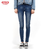 ERQ牛仔裤女士加绒2019新款直筒紧身小脚韩版显瘦浅色潮加厚 中蓝 30