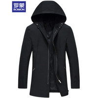 罗蒙(ROMON)风衣男2019新款时尚简约修身中长款纯色连帽防风外套男装 8JK946022 黑色 190/3XL