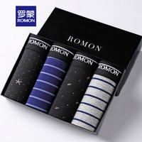 ROMON 罗蒙 男士内裤男平角裤4条装中腰u凸男式短裤头四角男内裤 M4061 条纹印花组合 2XL (黑色、2XL、平角裤、棉)