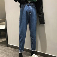 米兰茵（MILANYIN）女装 2019年春季高腰口袋学生小脚裤九分直筒牛仔裤 MLYH462 深蓝色 XL