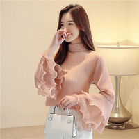 曼如芬 宽松显瘦雪纺衫春季新款 立领钉珠喇叭袖小衫 MBBF830 粉色 L