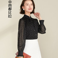 尚都比拉 显瘦复古小波点立领衬衫木耳边雪纺衫女上衣2019年春季新款 191V0723299 黑底波点 XL