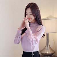 曼如芬 蕾丝雪纺衫春季新款 长袖韩范洋气小衫打底衫潮 OREF381 粉色 XL