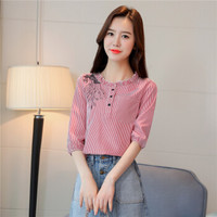 曼如芬 时尚优雅上衣春季新款 条纹衬衫刺绣七分袖T恤 MBBF8131 红色 S