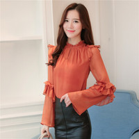 曼如芬 时尚气质上衣春季新款 优雅木耳边喇叭袖雪纺衫长袖小衫 MBBF8145 图片色 S