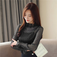 曼如芬 镂空网纱立领雪纺衫春季新款 时尚百搭长袖亮丝装饰打底衫 OREF391 黑色 L