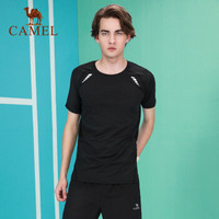 骆驼（CAMEL）瑜伽运动套装男款上衣短袖跑步训练T恤两件套装健身服 J9S206617 黑色 XL