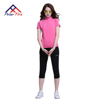 POLAR FIRE 极地火 休闲运动套装夏男女户外跑步短袖T恤短裤运动薄款女 JD003 玫红 XL
