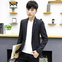猫人(MiiOW)男士西服休闲时尚百搭格子单西便服外套QT815A-622黑色M
