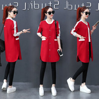 AUDDE 2019春季新款女装新品卫衣女棒球服韩版中长宽松显瘦撞色休闲款卫衣外套潮 KKZ15058 红色 L