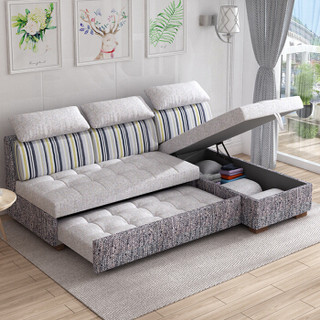 摩高空间沙发床多功能储物两用可折叠床现代简约小户型布艺沙发2米双人位+贵妃-R01灰色