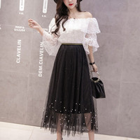 薇图（vitto）女装 2019年夏季百褶高腰网纱A字裙超仙中长款半身裙 xbVT516 黑色 均码