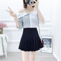 HMDIME ins慵懒港风条纹套装初夏新品 韩版吊带露肩衬衣百褶高腰半身裙 MSFS9921 黑条纹衬衣+黑裙 L