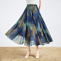 她池女装春季新款雪纺半身裙中长款复古印花大摆仙女裙大码沙滩长裙女T91Z0205A2323M 蓝绿色花 M